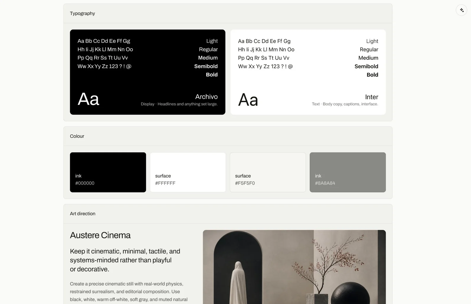 The brand kit: two typefaces with their weights, the four colours with their hex values, and the art direction written out beside a reference still.