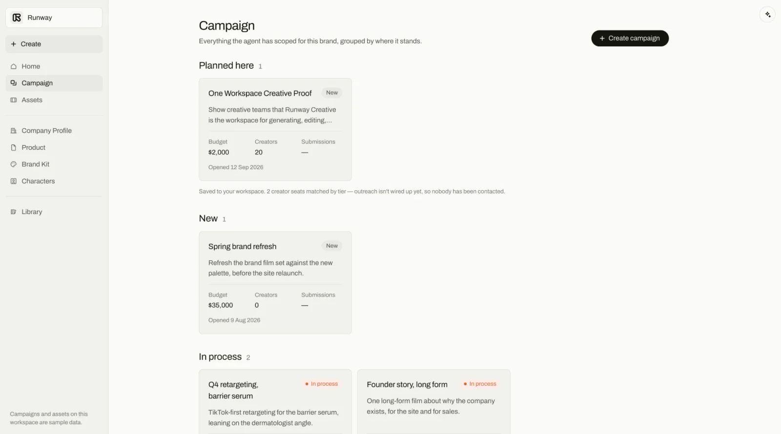 The campaign board, with creator seats matched by tier and campaigns grouped by where they stand.